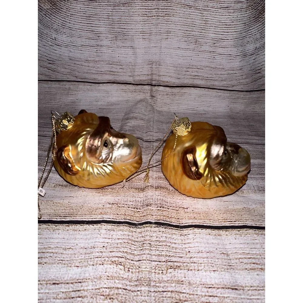 Set of 2 Monkey Head Glass Christmas Ornaments‎ Gold Safari Jungle Chimpanzee